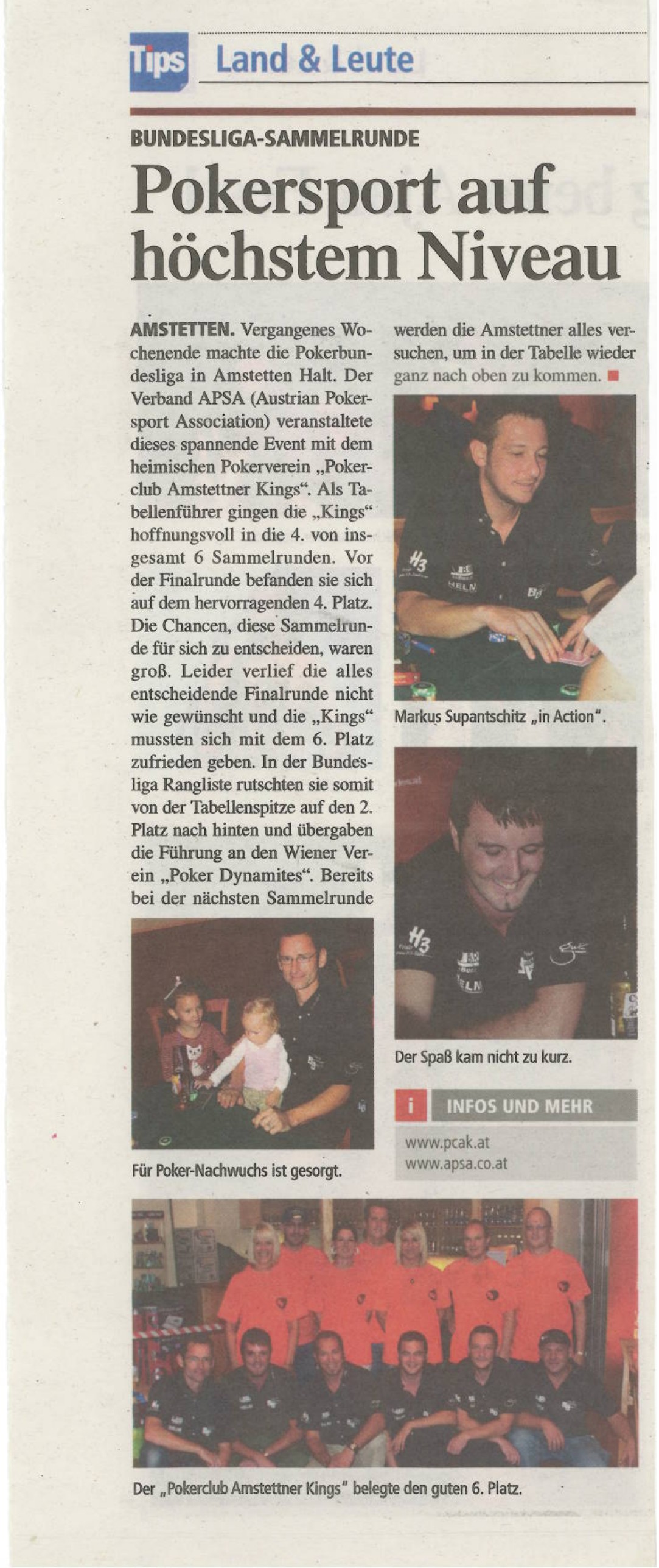 Tips-Zeitungsbericht Pokersport auf höchstem Niveau über eine Bundesliga-Sammelrunde in Amstetten